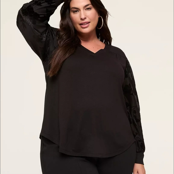 Lane Bryant Black Floral Velvet Burnout Long Sleeve Blouse - Picture 1 of 9